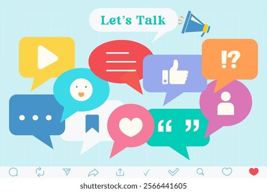 Flat vector illustration of colorful dialog speech bubbles with icons on soft blue background. All in group and separate layer.
