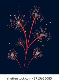 Ilustración vectorial plana de coloridos fuegos artificiales en el cielo nocturno. Fondo de celebración festiva para el año Nuevo, vacaciones, festivales, fiestas y diseño de eventos.