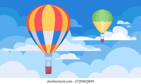 Ilustración vectorial plana de globos de aire caliente de colores flotando entre las nubes suaves en el cielo azul. Concepto de aventura de viaje con atmósfera tranquila, Formas mínimas y colores brillantes y amigables.