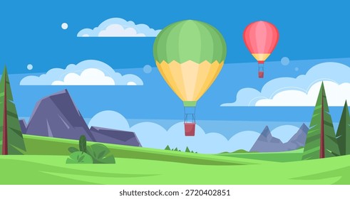 Ilustração vetorial plana de balões coloridos de ar quente voando sobre colinas e montanhas verdes. Paisagem de aventura cênica com céu, nuvens, natureza e atmosfera de viagem pacífica.