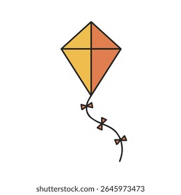 Flat vector illustration of a colorful kite with yellow and orange panels and a string decorated with bows. Simple cartoon style on a white background, ideal for kids, fun, play, and outdoor themes