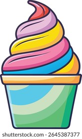 Flat Vector Illustration of Colorful Rainbow Soft Serve Ice Cream Swirl in a Paper Cup, Isolated on Transparent Background, Bright and Fun Dessert for Summer and Food Concepts