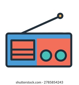 A flat vector illustration of a colorful retro style portable radio receiver with an antenna and control knobs