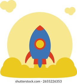 A flat vector illustration of a colorful rocket launching into space with clouds and a yellow circular background. Perfect for space-related content, technology, startup concepts, innovation