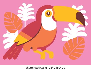 Flat vector illustration of a colorful toucan bird with a vibrant beak. Perfect for tropical rainforest, wildlife, nature, and exotic bird-themed designs.
