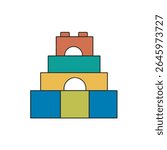 Flat vector illustration of colorful toy building blocks stacked in a pyramid shape. Includes red, green, yellow, blue, and lime pieces. Simple cartoon style, perfect for baby, kids, and toy themes