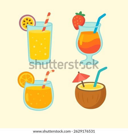A flat vector illustration of colourful summer passion fruit cocktails.