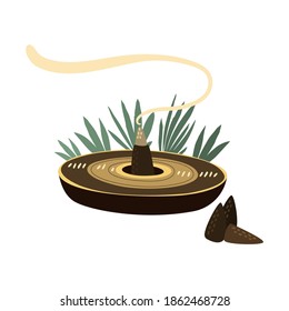 Flat vector illustration of combustible incense in the form of a cone that lets out fragrant smoke on a decorative stand. Incense stick. Cosmetic procedure aromatherapy.