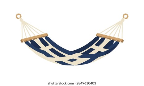 flat vector illustration of a comfortable blue and white woven hammock for relaxation and vacation graphic concepts