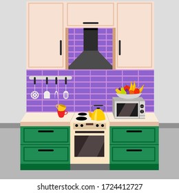 Ilustración vectorial plana de una cocina cómoda y de moda. Área de cocina hecha de madera al estilo de las caricaturas. En la parte de atrás del microondas, hervidor de agua, vajilla, fruta.