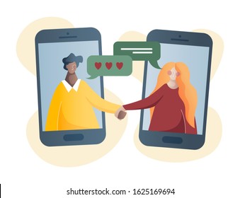 Flat vector illustration. Communication of man and woman through the phone. Communication with a loved one in a smartphone. Chat between a man and a woman.