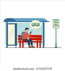 Flat vector illustration of a commuter sitting on a red bench at a bus stop. He checks his smartphone while thinking about the arriving public transport.