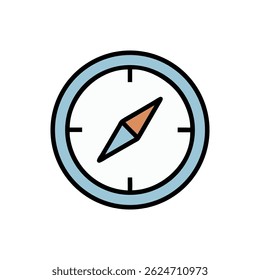 Flat vector illustration of a compass with a blue frame and needle, set against a solid White Background.