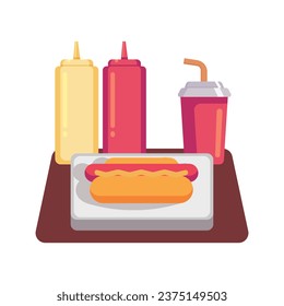 Flat Vector Illustration of a Complete Hot Dog with Mayonnaise, Ketchup Bottles, and a Glass of Refreshing Soda in a Restaurant Business Concept
