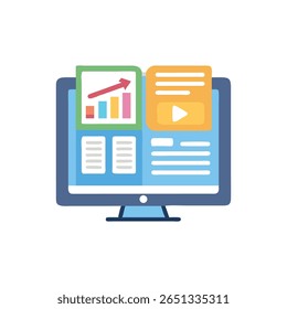Flat vector illustration of a computer displaying a web analytics dashboard. Clean lines and bright colors suggest modern data tracking.