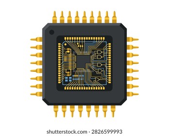Flat Vector Illustration of a Computer Microchip CPU with Internal Circuitry