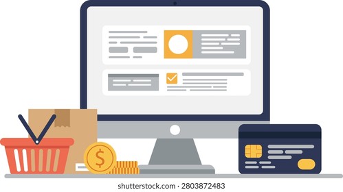 Flat vector illustration of a computer monitor, shopping basket, and credit card representing digital retail and electronic payments.