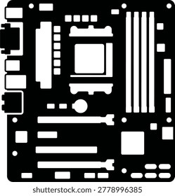 Flat vector illustration of a computer motherboard showing circuit board layout, slots, ports, and electronic components in black and white line art style.