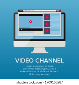 Flat vector illustration of a computer screen showing a video browser page. Suitable for promotion of the latest video channels, advertisements, and information from a video site. Web page for video.