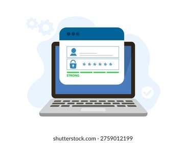 Flat vector illustration of a computer showing a secure user login interface with a strong password strength indicator. Stock Illustration.