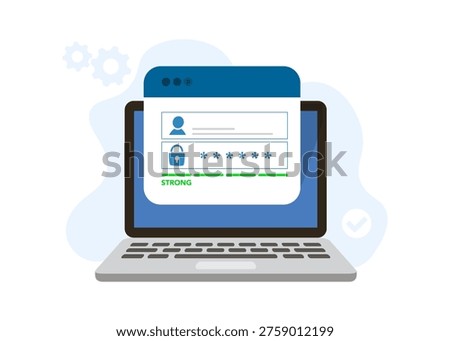 Flat vector illustration of a computer showing a secure user login interface with a strong password strength indicator. Stock Illustration.