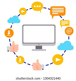 Flat vector illustration of a computer surrounded by icons that have to do with connectivity and internet