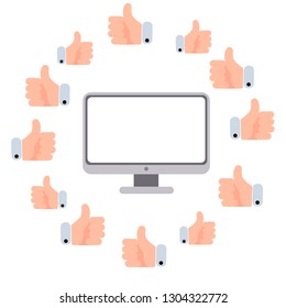 Flat vector illustration of a computer surrounded by icons of hands with thumbs up