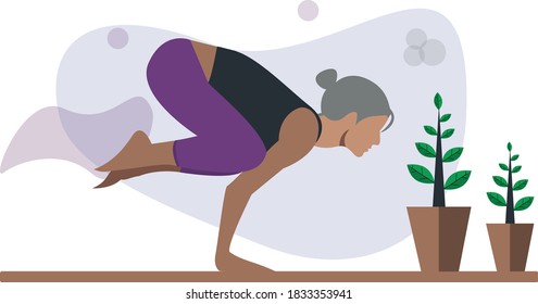 Flat Vector illustration concept business woman practicing yoga and meditation, Time management, Bakasana pose