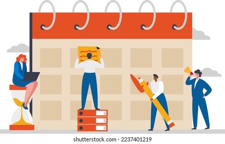 Flat vector illustration. The concept of business planning, time management. One person leads a team and schedules time 