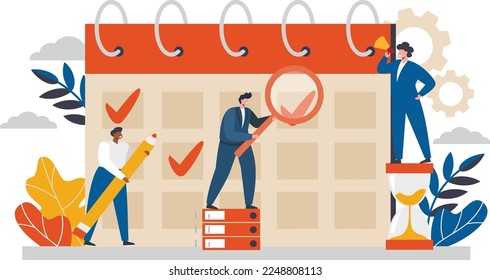 Flat vector illustration. The concept of business planning, time management. One person leads a team and schedules time 
