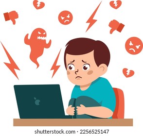 Flat vector illustration. The concept of dangerous materials for children on the Internet. A frightened boy looks at the monitor screen 