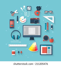 Flat vector illustration concept of designer desktop