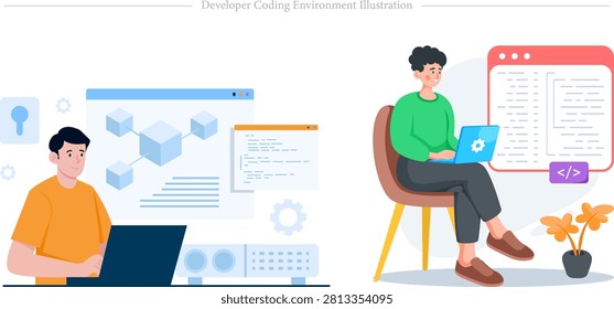 Flat vector illustration concept of a developer coding environment, software engineering, and backend web development. This modern horizontal split-screen graphic highlights collaborative and independent tech workflows within the IT industry. On the left side, a male programmer wearing an orange t-shirt sits at his desk typing on a dark laptop. Behind his setup, a large blue window interface displays a 3D block diagram connected to an adjacent orange script editor window, symbolizing blockchain network development, database architecture, systems engineering, and hardware router telemetry configurations. On the right side, a software engineer dressed in a green sweatshirt sits comfortably on a brown chair while working on a blue laptop with a gear logo on its lid. Floating next to him is a massive pink code execution screen showing structural text and a purple HTML CSS bracket tag button, framed by a modern potted floor plant, representing frontend design, full-stack application development, and bug testing. Perfect for programming bootcamp landing pages, SaaS startup marketing banners, tech blog headers, cyber security presentation slides, and software developer recruitment ads.