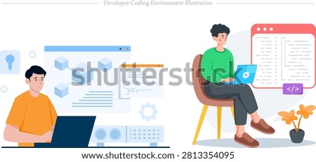 Flat vector illustration concept of a developer coding environment, software engineering, and backend web development. This modern horizontal split-screen graphic highlights collaborative and independent tech workflows within the IT industry. On the left side, a male programmer wearing an orange t-shirt sits at his desk typing on a dark laptop. Behind his setup, a large blue window interface displays a 3D block diagram connected to an adjacent orange script editor window, symbolizing blockchain network development, database architecture, systems engineering, and hardware router telemetry configurations. On the right side, a software engineer dressed in a green sweatshirt sits comfortably on a brown chair while working on a blue laptop with a gear logo on its lid. Floating next to him is a massive pink code execution screen showing structural text and a purple HTML CSS bracket tag button, framed by a modern potted floor plant, representing frontend design, full-stack application development, and bug testing. Perfect for programming bootcamp landing pages, SaaS startup marketing banners, tech blog headers, cyber security presentation slides, and software developer recruitment ads.