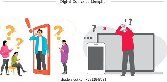 Flat vector illustration concept of digital confusion, tech overload, and communication barriers. This powerful split-screen graphic visually depicts the stress and uncertainty caused by digital devices in modern life. On the left side, a group of concerned people use their smartphones, surrounded by giant floating orange question marks, while a businessman steps out from a giant mobile phone screen looking stressed, with a bold red exclamation mark overhead, symbolizing digital misinformation, spam alerts, and customer service frustration. On the right side, a frustrated man stands clutching his head in panic before a giant laptop and mobile phone interface, with question marks, cross icons, and dotted error symbols floating behind him, representing cybersecurity panic, software crashes, internet connection loss, and information overload. Perfect for tech support landing pages, digital detox blogs, online security awareness slides, modern lifestyle articles, and corporate stress-management presentations.