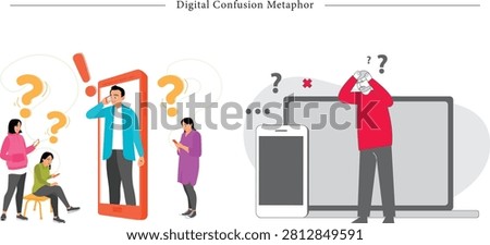 Flat vector illustration concept of digital confusion, tech overload, and communication barriers. This powerful split-screen graphic visually depicts the stress and uncertainty caused by digital devices in modern life. On the left side, a group of concerned people use their smartphones, surrounded by giant floating orange question marks, while a businessman steps out from a giant mobile phone screen looking stressed, with a bold red exclamation mark overhead, symbolizing digital misinformation, spam alerts, and customer service frustration. On the right side, a frustrated man stands clutching his head in panic before a giant laptop and mobile phone interface, with question marks, cross icons, and dotted error symbols floating behind him, representing cybersecurity panic, software crashes, internet connection loss, and information overload. Perfect for tech support landing pages, digital detox blogs, online security awareness slides, modern lifestyle articles, and corporate stress-management presentations.