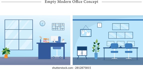 Flat vector illustration concept of an empty modern interior and minimalist workspace design. This clean, blue-toned split-screen graphic depicts professional work environments tailored for corporate teams and executives. On the left side, a cozy private setup features a large dark blue executive desk with a computer monitor, books, a vase with flowers, and an office swivel chair. The room is decorated with a large window letting in light, a small potted floor plant, a wall clock, and a grid organizer board with pinned notes. On the right side, a collaborative open-plan workspace or security control room layout is shown. It features a long desk supporting multiple desktop computer screens, two blue office rolling chairs, a tall green floor plant, a small storage cabinet on legs, a hanging bulletin board, and multi-screen panels mounted on the wall. Perfect for corporate real estate landing pages, remote work transitioning blogs, modern office furniture catalogs, business productivity slide templates, and IT infrastructure marketing banners.