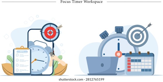 Flat vector illustration concept of focus timer workspace, time management, and smart scheduling. This split-screen motivational graphic visualizes tools and techniques used to boost daily productivity and meet deadlines. On the left side, a giant smartphone displays a blue alarm clock on its screen, with hands holding the device, a clipboard checklist with tick marks resting alongside it, and a red target board with an arrow pointing to the center, representing mobile productivity apps and smart goal tracking. On the right side, a giant stopwatch acts as a background for a modern blue laptop and a structured calendar planner, paired with a circular bullseye dartboard and an arrow hitting the target, symbolizing focused work sessions, time blocking, and deadline management. Ideal for productivity software landing pages, time tracking application blogs, corporate training slides, motivational business posters, and task management banners.