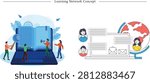 Flat vector illustration concept of a global learning network, online education, and virtual academic collaboration. This engaging split-screen graphic highlights modern distance learning and global study connections. On the left side, a group of small student characters are seen interacting with a giant laptop displaying an open digital book on its screen. One student holds a giant magnifying glass for research, another uses a megaphone to announce updates, and others stand nearby, surrounded by decorative blue leaves, flying paper airplanes, and spinning cogs, symbolizing active online courses, digital libraries, and collaborative studying. On the right side, a minimalist line-art style laptop interface displays email icons and floating text chat bubbles connected to diverse user avatars next to a giant globe, representing international student exchange programs, global communication networks, e-learning platforms, and virtual classrooms connecting people worldwide. Perfect for edtech startup landing pages, online university enrollment banners, distance education blogs, digital study guide slides, and global training program websites.