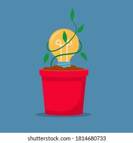 Flat vector illustration: concept of idea creation, creative process. A light bulb in a flower pot and a plant.