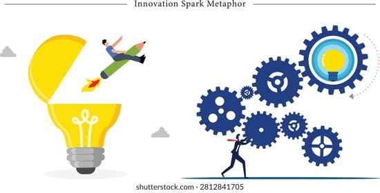 Flat vector illustration concept of an innovation spark, creative thinking, and business process optimization. This dual-concept split-screen graphic visually represents the journey of a creative idea from inspiration to execution. On the left side, a young man rides a giant green pencil that is launching like a rocket with a fiery jet exhaust, bursting out from an open yellow lightbulb, symbolizing the ignition of creative writing, design inspiration, and breakthrough ideas. On the right side, a businessman in a dark suit pushes a series of interlocking blue cogwheels and mechanical gears, driving a system that ultimately powers a glowing yellow lightbulb in the largest gear, representing strategic planning, teamwork, operational efficiency, and turning ideas into functional business systems. Perfect for educational software landing pages, corporate consulting blogs, creative design agency websites, startup pitch presentations, and motivational business banners.