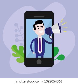Flat vector illustration concept, man shout on megaphone, can use for landing page, Digital business advertising. Social media marketing. 