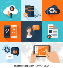 Flat vector illustration concept mobile devices connected onto a cloud data storage. Elements for mobile and web applications