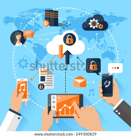 Flat vector illustration concept mobile devices connected onto a cloud data storage