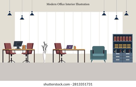 Flat vector illustration concept of a modern office interior, corporate workspace design, and open-plan business environment. This clean, horizontal graphic showcases an aesthetic and professionally arranged corporate office designed for productivity and teamwork. On the left side, a spacious wooden desk is paired with two comfortable burgundy rolling chairs, featuring a large desktop computer monitor and neatly stacked books, perfect for client meetings or collaborative desk sharing. In the center, a matching wooden desk with a single burgundy rolling chair holds a sleek purple laptop and notebooks, with a decorative white ceramic vase with dried branches standing nearby. To the right, a cozy dark teal lounge armchair provides a comfortable reading spot next to a tall, structured dark blue bookshelf filled with red and yellow folders, documents, and integrated storage drawers. The background features a massive floor-to-ceiling panoramic window letting in a clean white backdrop, illuminated by five elegant hanging pendant lights, exuding a minimalist and calm professional atmosphere. Perfect for commercial real estate landing pages, remote work hybrid-office blogs, corporate HR brochures, productivity presentations, and architectural interior banners.
