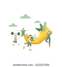 Flat Vector Illustration Concept of Movement is the key to health. healthy living and fitness. people engaged in sport activities, hiking on fresh air, running, practicing yoga and climbing. 