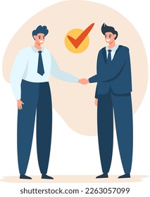 Flat vector illustration. The concept of negotiating and discussing ideas. People agreed and shook hands. Two businessmen came to the same decision 