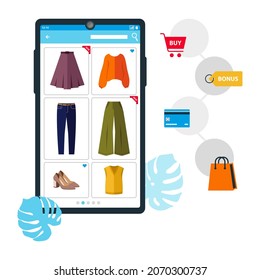 Flat vector illustration, concept of online clothing store. Shopping, buying clothes, shoes. Clothing store products on the smartphone screen. Stages of making an online purchase, business technology.