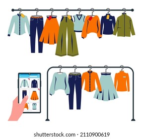 Flat vector illustration, concept of online clothing store, hand with smartphone. Shopping, buying clothes. Set of women's clothes on a hanger with price tags. Viewing the goods of the clothing store