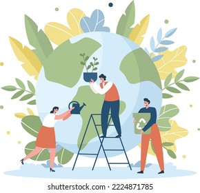 Flat vector illustration. The concept of preserving the planet, caring for the Earth. People take care of the planet, recycle trash, plant trees, water plants 